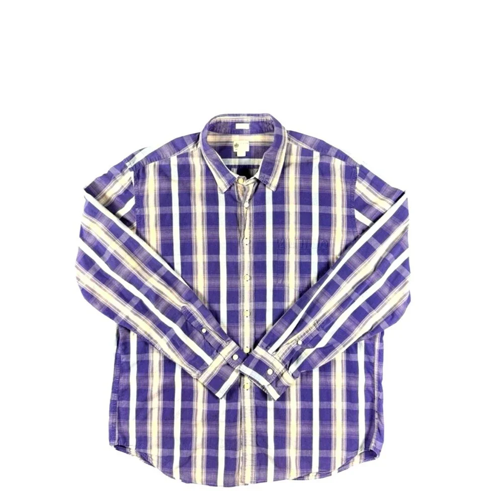 J.Crew Washed Casual Plaid Button Down Shirt XXL Blue Yellow 100% Cotton